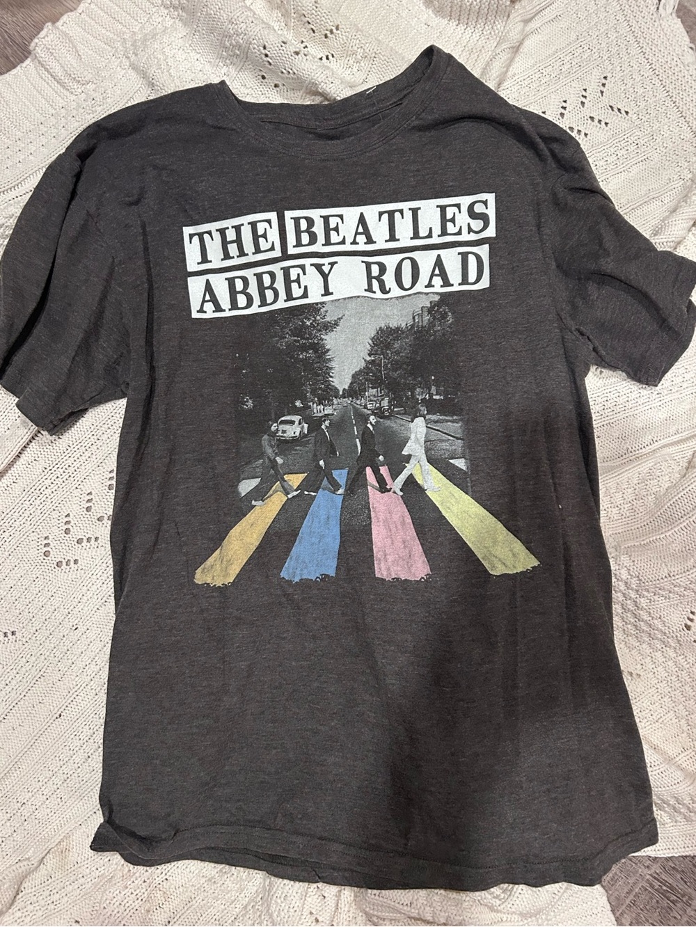 The Beatles Abbey Road Tee - Black with Yellow Blue Pink Adult Medium